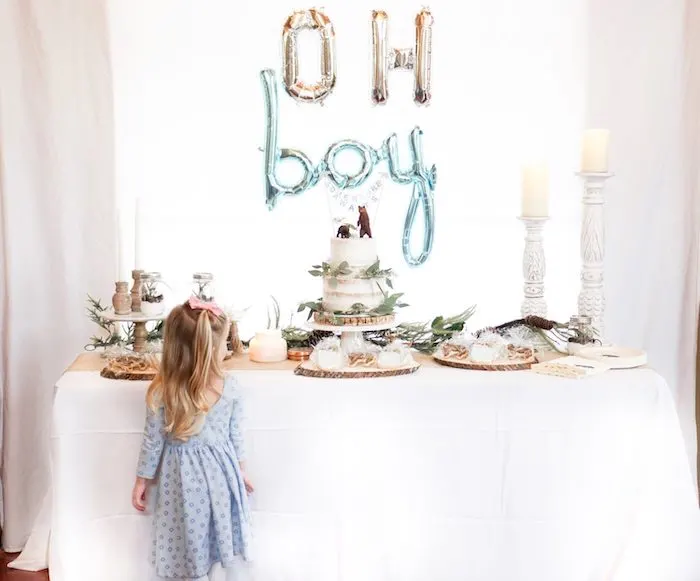 Oh Boy table with cake for rustic baby shower