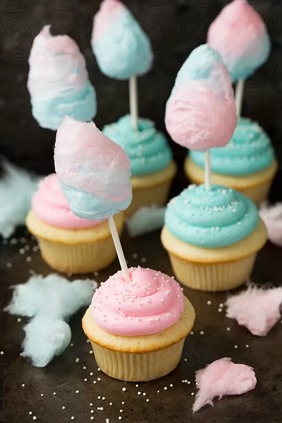 gender reveal idea - cupcakes topped with cotton candy