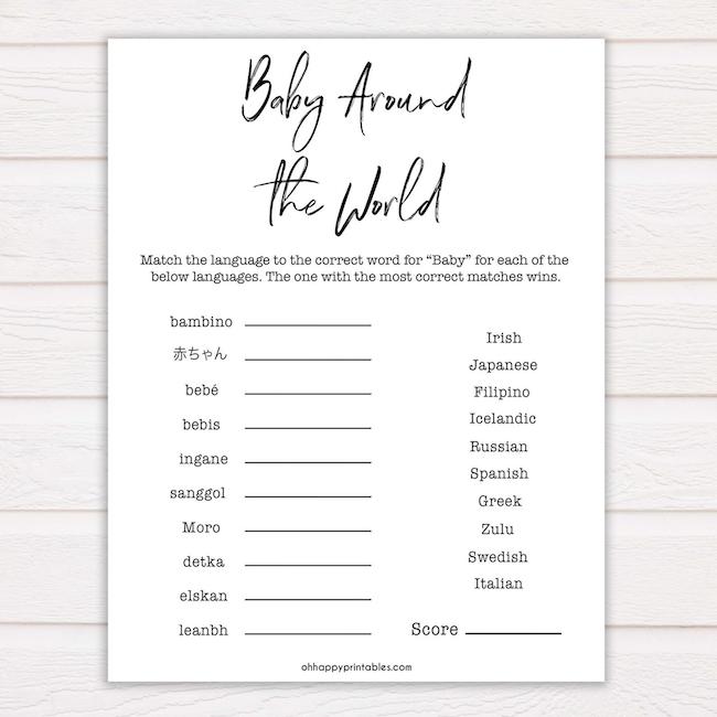 Baby around the world baby shower printable game