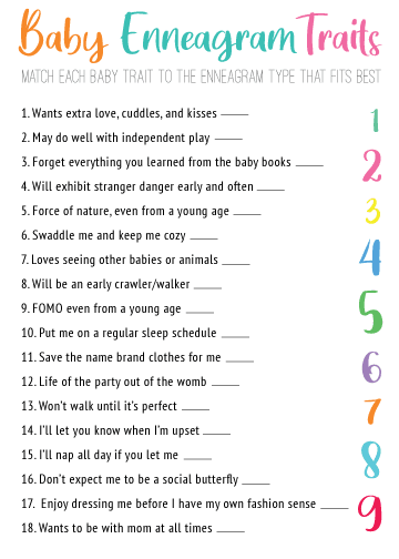 Grab this free printable to play this baby traits Enneagram Game at your baby shower! Match the different baby qualities to the correct Enneagram Type and win!