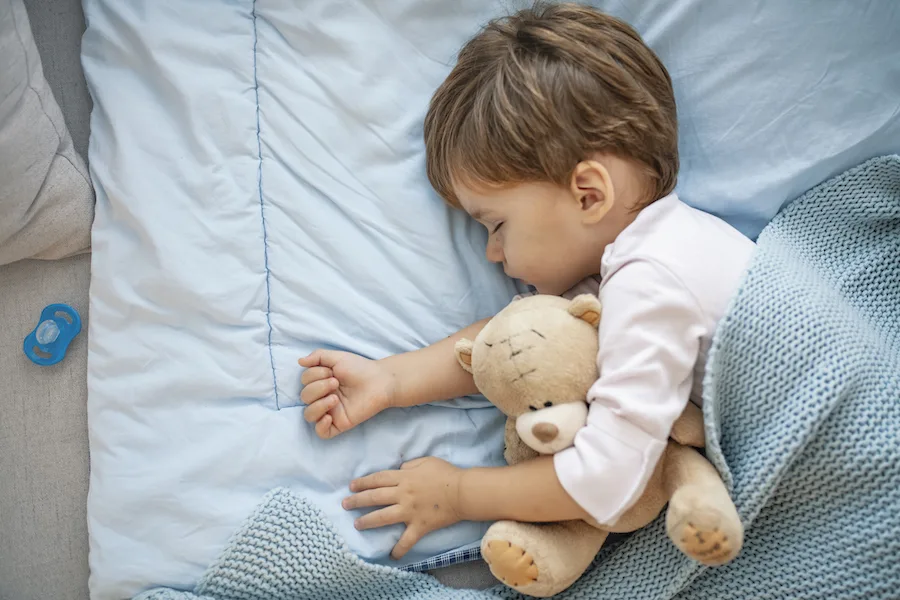toddler boy sleeping in toddler bed with stuffed animal