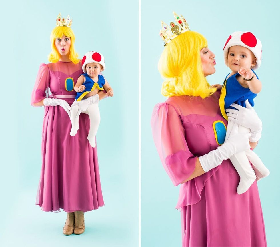 Peach and Toad halloween costumes for mom and baby
