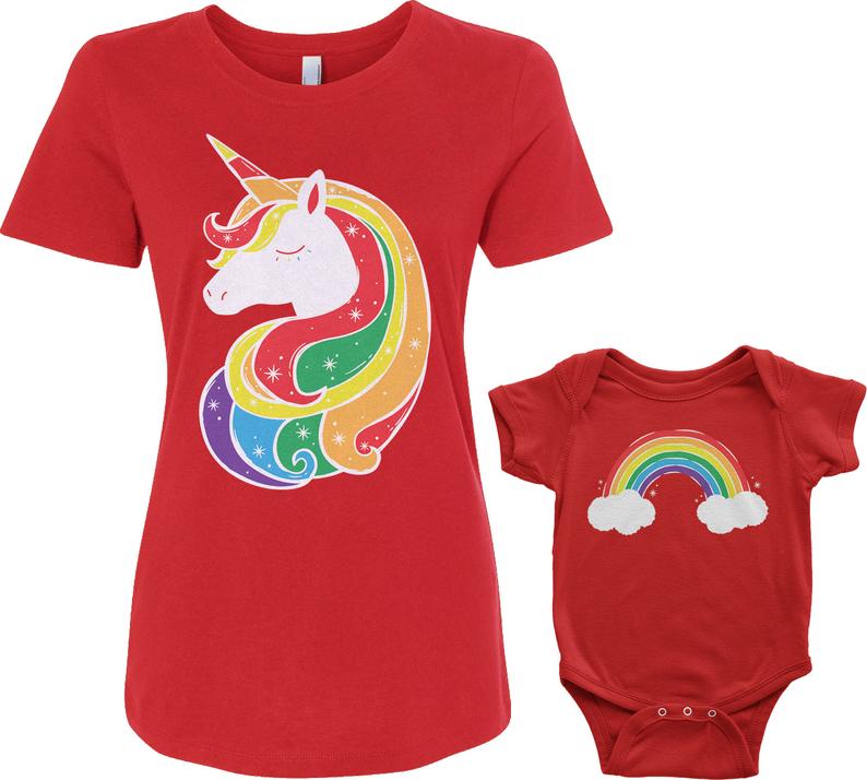 mom and baby unicorn and rainbow matching shirts