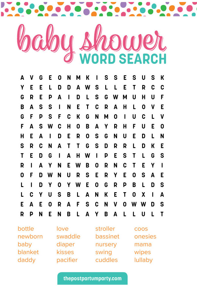 Baby Shower Word Search Game Multi Coloured Pack of 16 Boys / Girls 