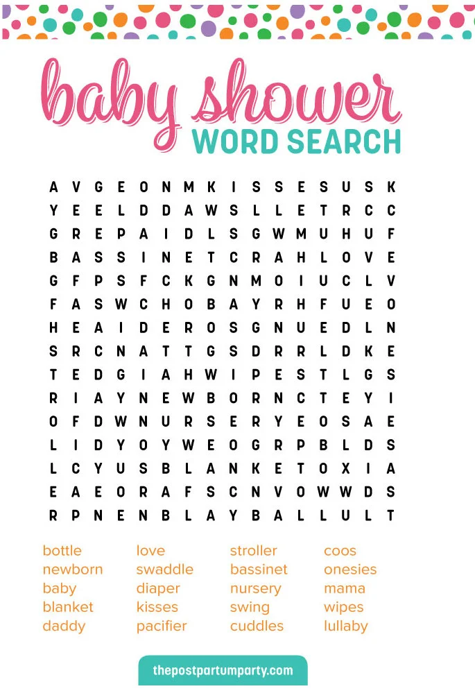 printable baby shower word search