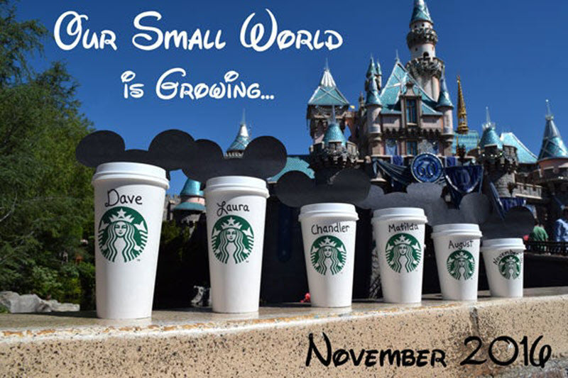 Disney pregnancy announcement - family names on Starbucks coffee cups in front of Disney castle