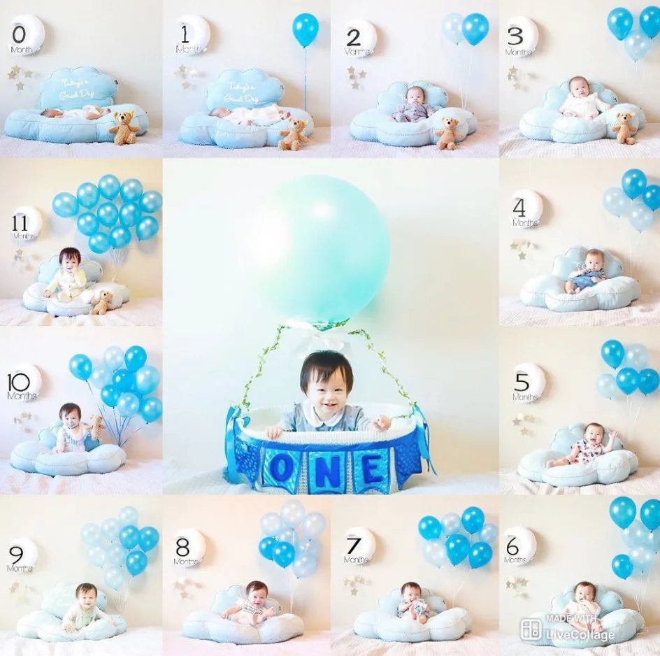 Monthly baby picture ideas using balloons to show how many months baby is