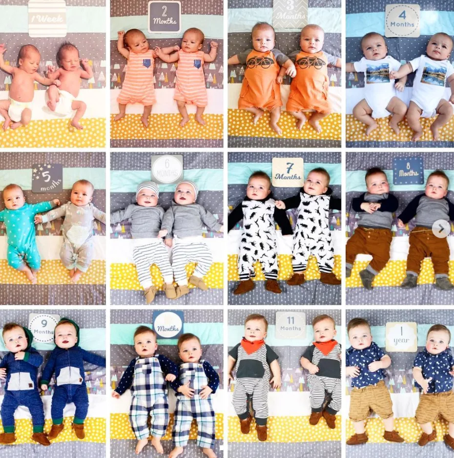 monthly baby pictures of twins in matching clothing