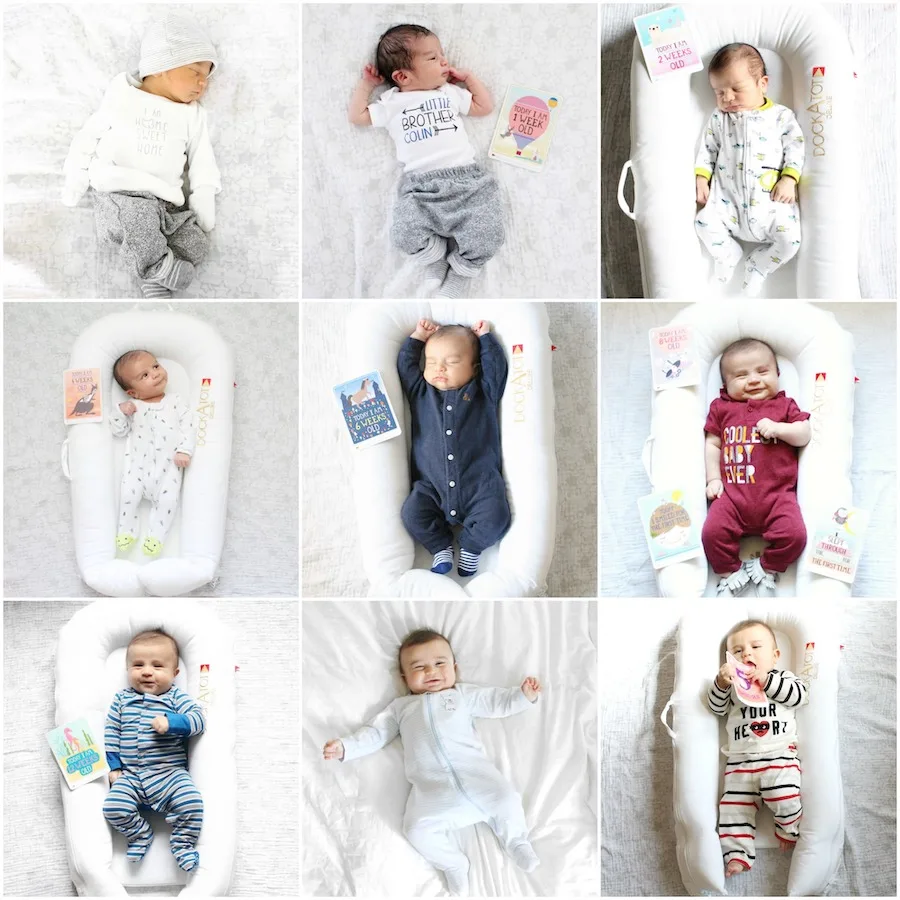 Monthly baby picture ideas putting baby in Dock-A-Tot each month
