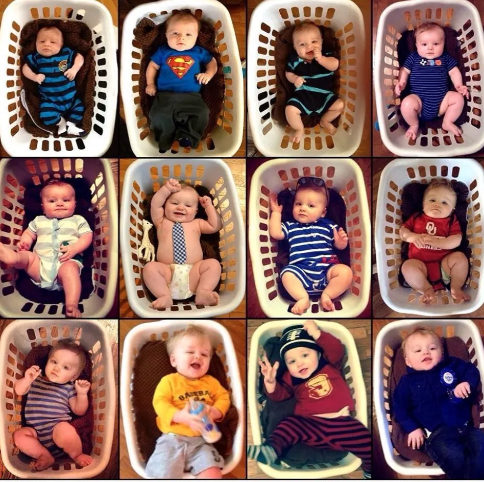 Monthly baby photo ideas with baby in laundry basket