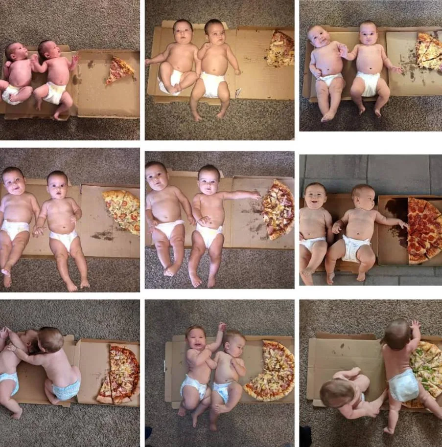 twins with pizza slices for monthly baby photos
