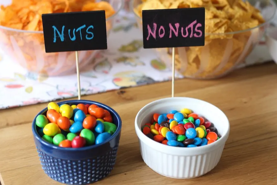 M&M candies with nuts and no nuts for gender reveal party food