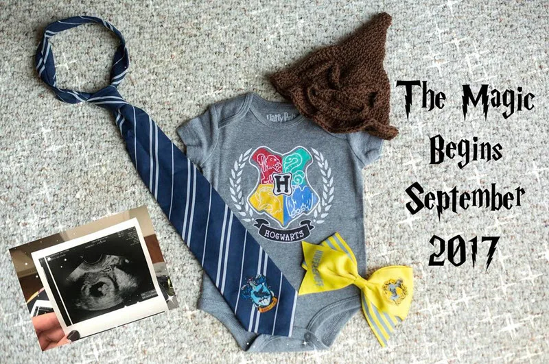 Harry Potter pregnancy announcement with onesie and ultrasound photo