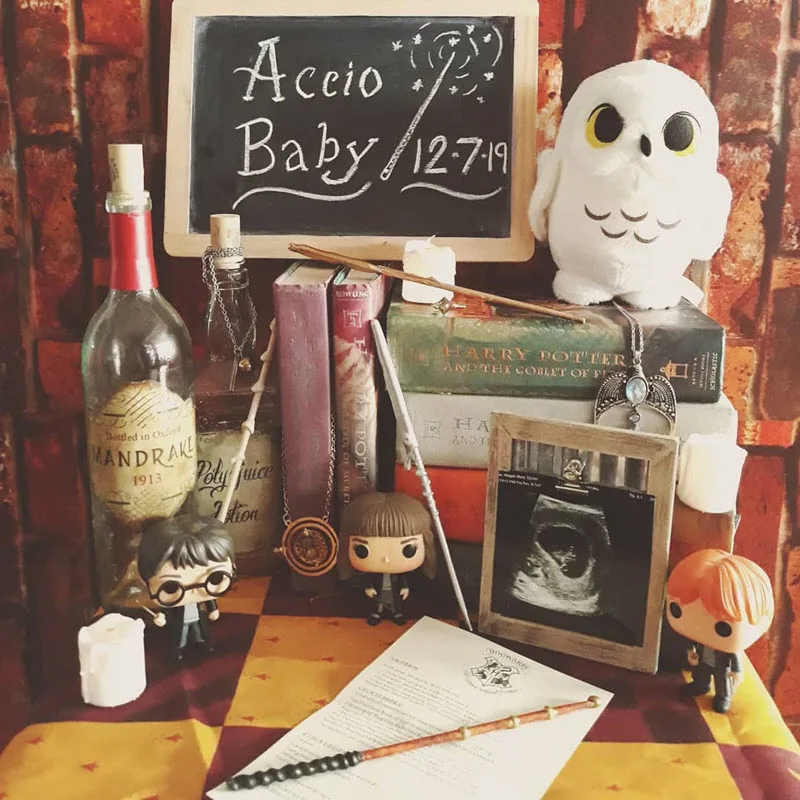 Harry Potter pregnancy reveal with Hedwig, books, and ultrasound photo