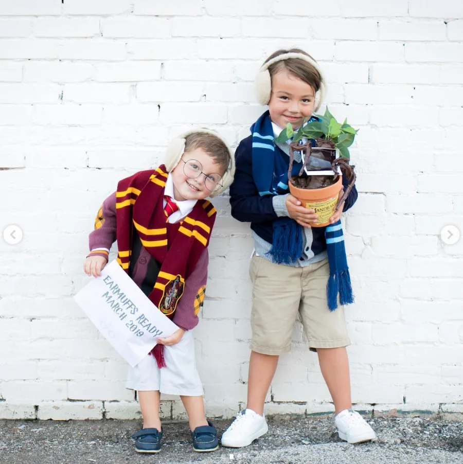 Brothers announcing a new baby - Harry Potter inspired announcement with brothers holding mandrake and wearing earmuffs