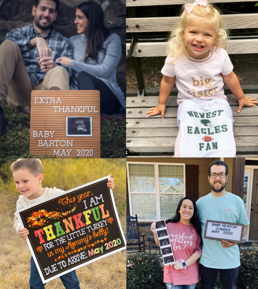 Thanksgiving pregnancy announcement with couple holding letterboard