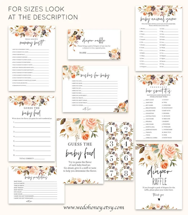 fall floral themed baby shower game printables