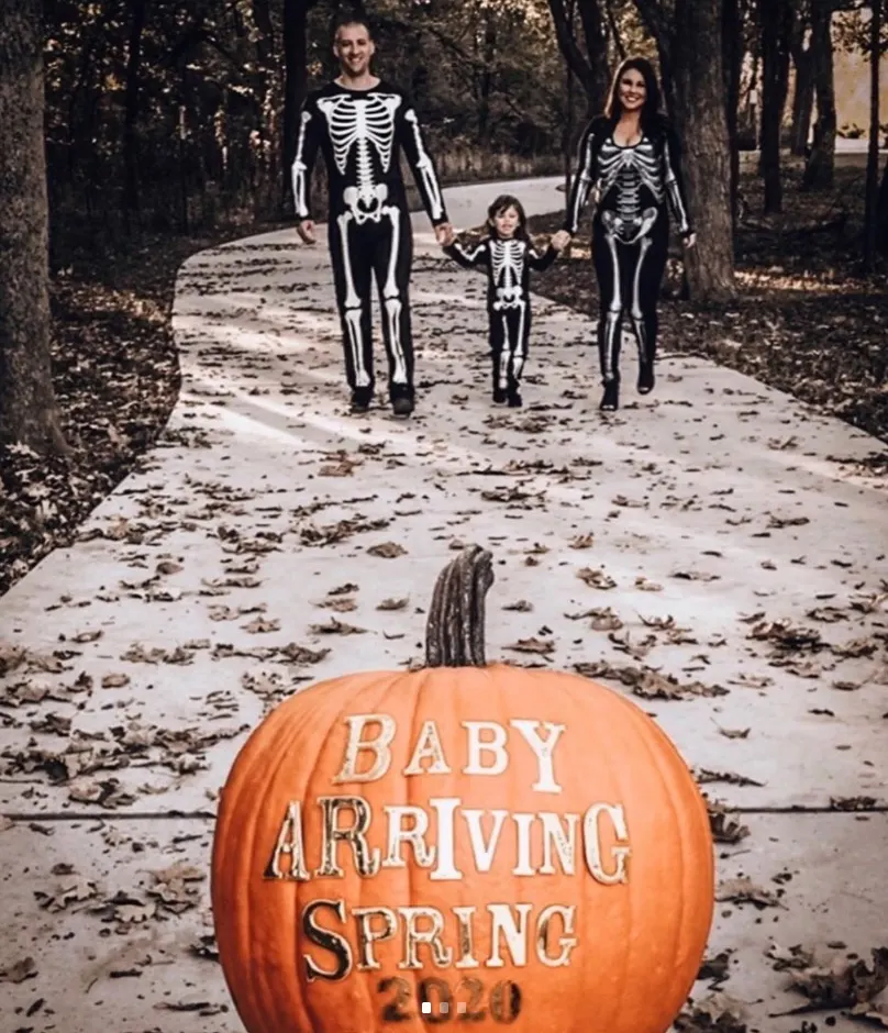 pumpkin and skeleton Halloween pregnancy announcement
