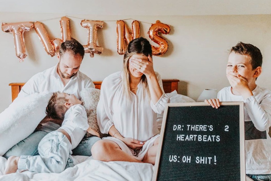 twin pregnancy announcement with family