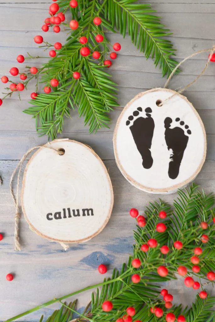 DIY babys first Christmas ornament footprints