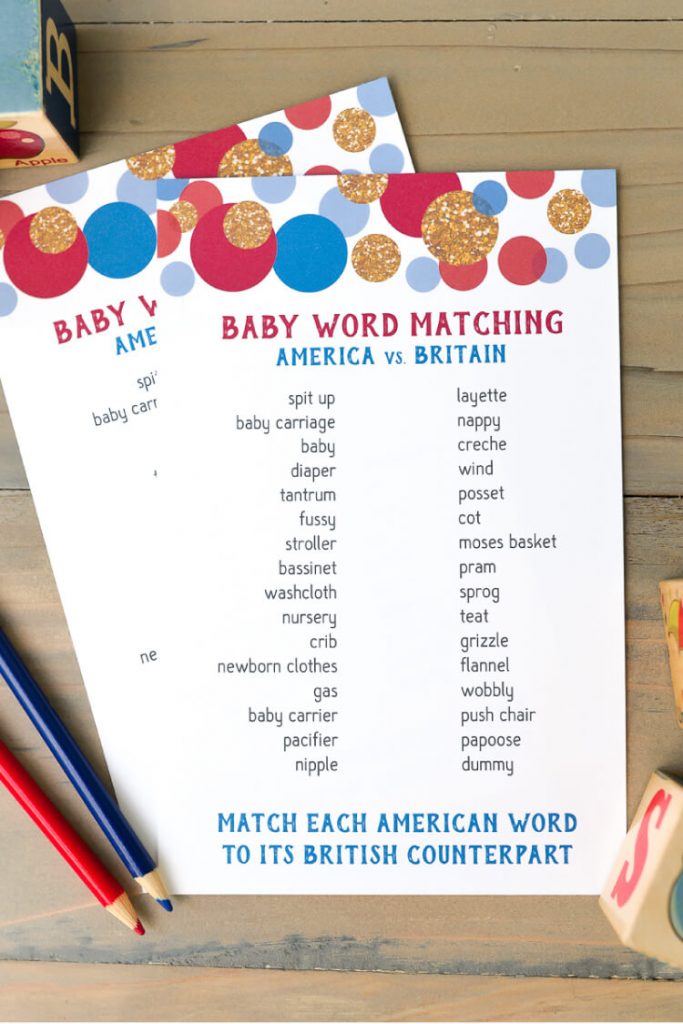 printable baby shower game british english matching