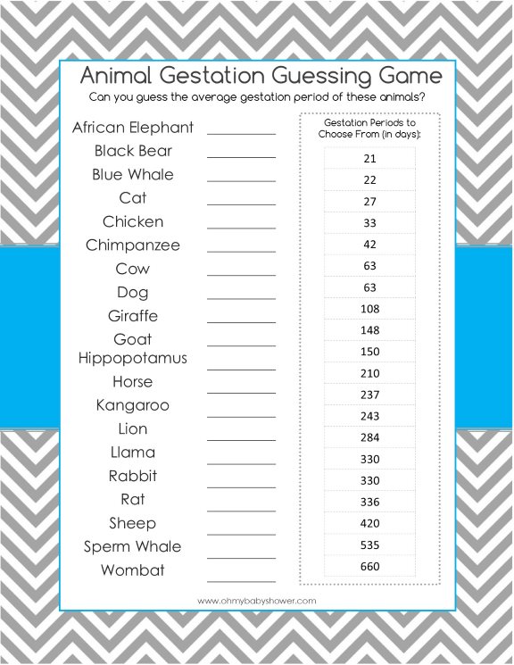 animal gestation game printable baby shower game