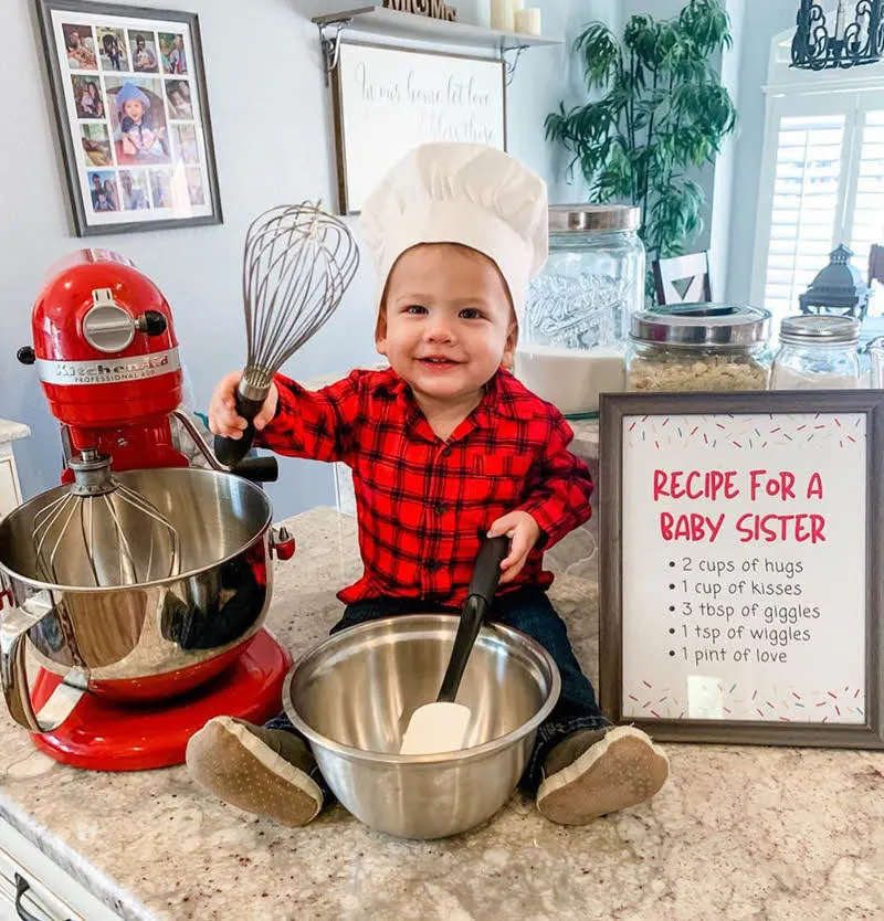 big brother holding whisk and bowl announcement  - recipe for baby sister