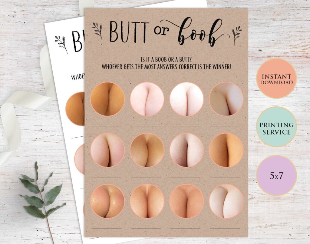 Boobs or Butts Baby Game, Printable Baby Shower Games, Greenery