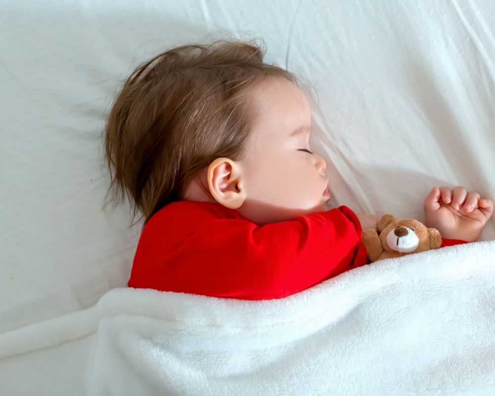 toddler warm with blanket and teddy bear in bed