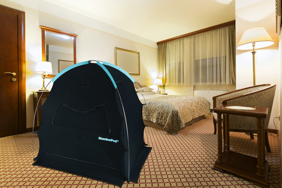 slumberpod setup in a hotel room