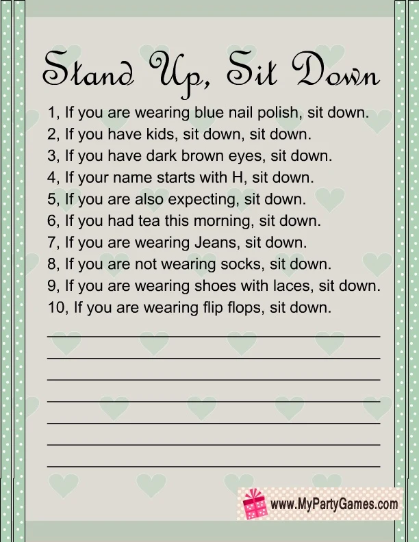 stand up sit down baby shower game