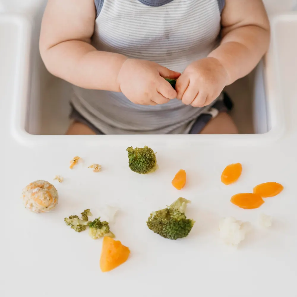 baby in highchair with fish, broccoli and carrot pieces on the highchair tray, self feeding through baby led weaning