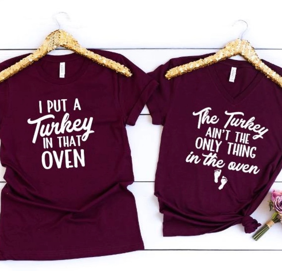 couples Thanksgiving pregnancy announcement shirts