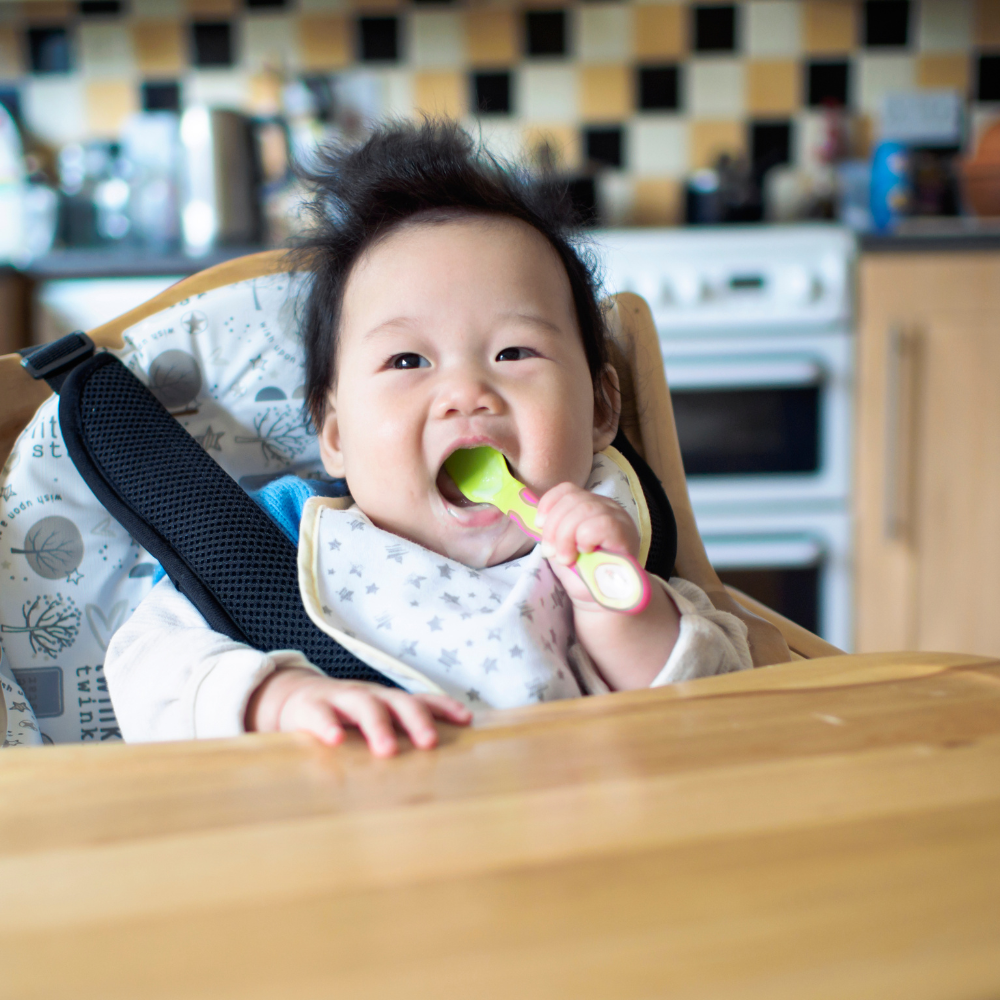Baby led weaning infant in a highchair holding a baby spoon in his open mouth.