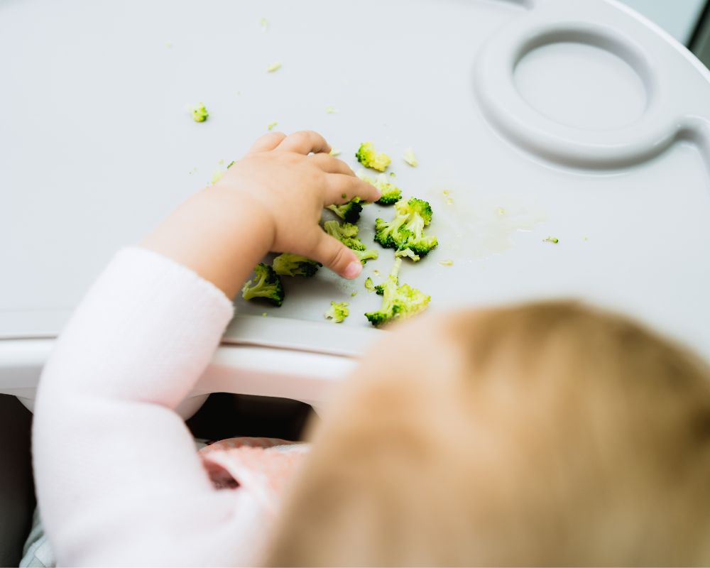 ariel view of baby eating broccoli in a highchair