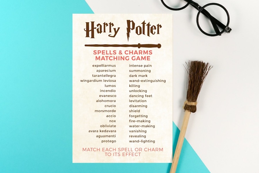 Harry Potter spells and charms matching baby shower game