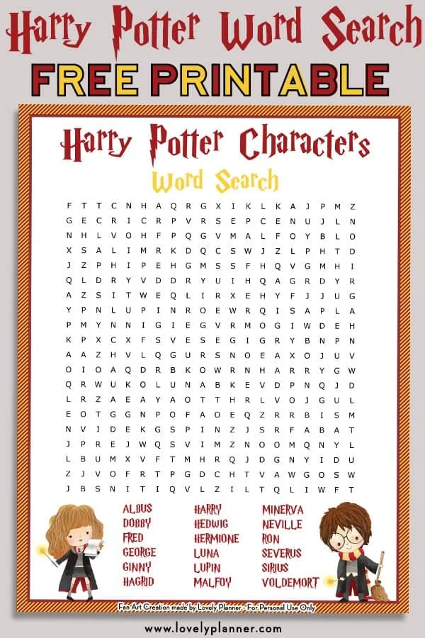 Harry Potter word search baby shower game