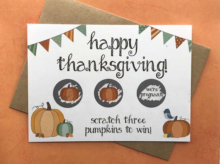 Thanksgiving pregnancy announcement scratch off cards