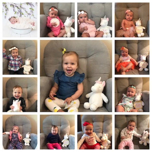 monthly baby picture ideas collage - baby girl holding stuffed unicorn