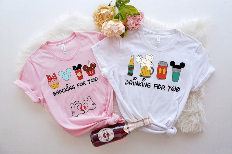 Disney pregnancy shirts - snacking for two, drinking for two